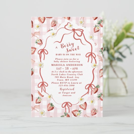 水エレガント色イチゴ女の子ベビーシャワー 招待状 (スタンド正面)