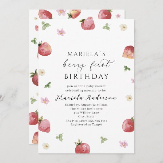水エレガント色イチゴ赤ちゃんシャワー 招待状 (正面/裏面)