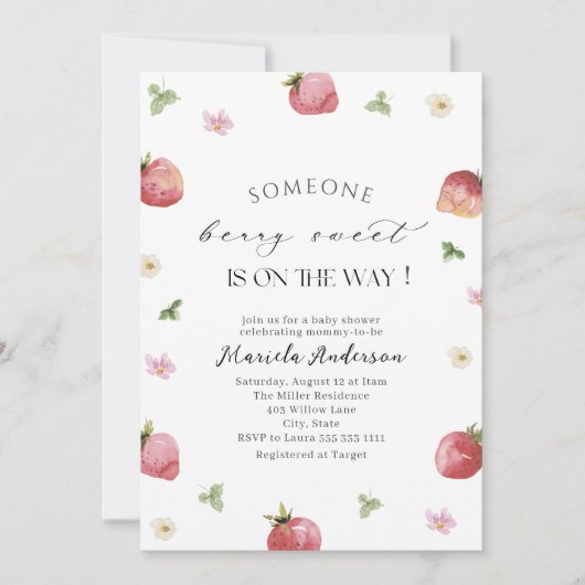 水エレガント色イチゴ赤ちゃんシャワー 招待状 (正面)