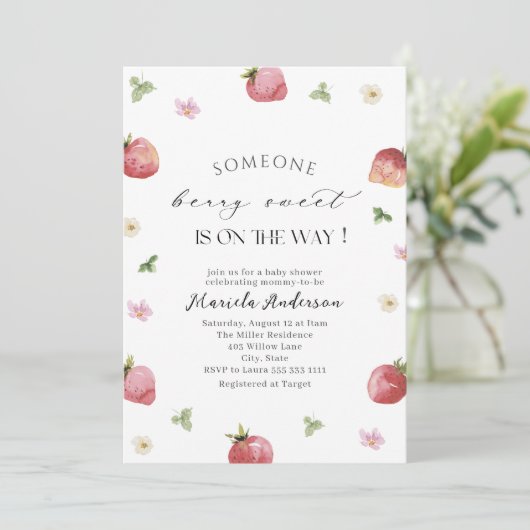 水エレガント色イチゴ赤ちゃんシャワー 招待状 (スタンド正面)