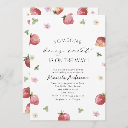 水エレガント色イチゴ赤ちゃんシャワー 招待状 (正面/裏面)
