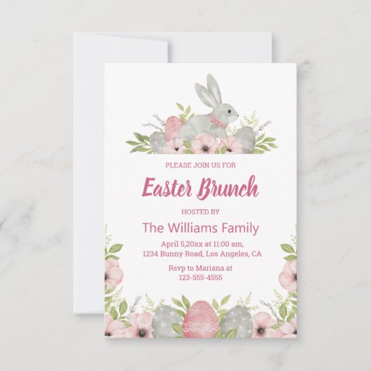 水エレガント色イースターバニーフローラブランチ 招待状 (正面)