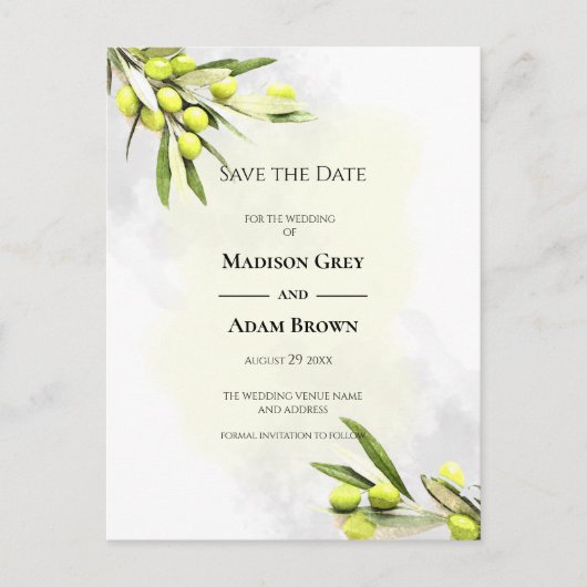 水エレガント色オリーブの枝の日付を保存 案内ポストカード (正面)