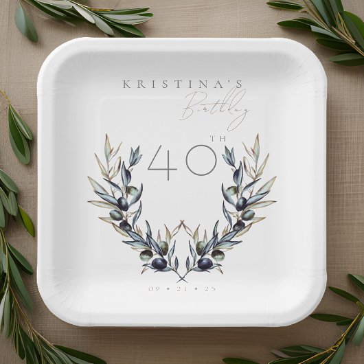 水エレガント色オリーブブランチANY誕生日 ペーパープレート