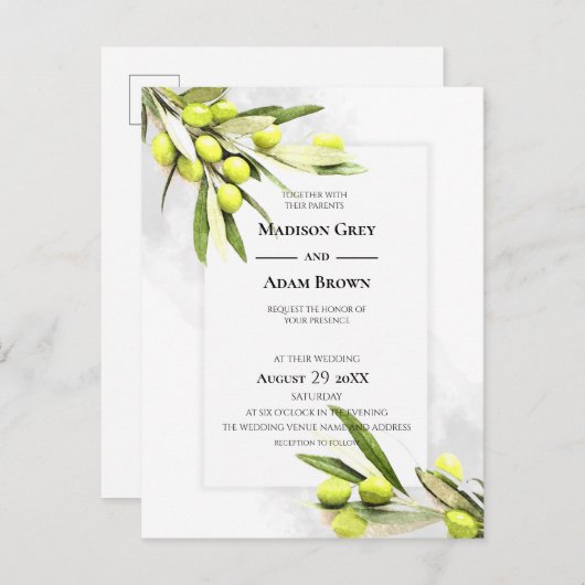 水エレガント色オリーブ結婚枝 インビテーションポストカード (正面/裏面)