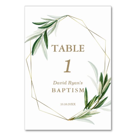 水エレガント色オリーブ葉金ゴールド洗礼 テーブルナンバー (正面)