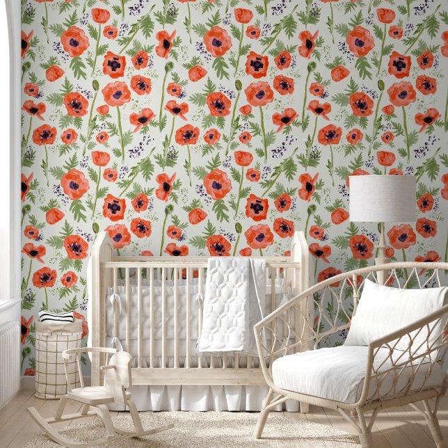 水エレガント色オレンジオリエンタルポピー柄 壁紙 (Elegant Watercolor Orange Oriental Poppies Pattern Wallpaper from Studio Posies.)