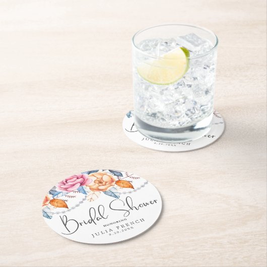 水エレガント色オレンジフローラブライダルシャワー ラウンドペーパーコースター (インサイチュ)