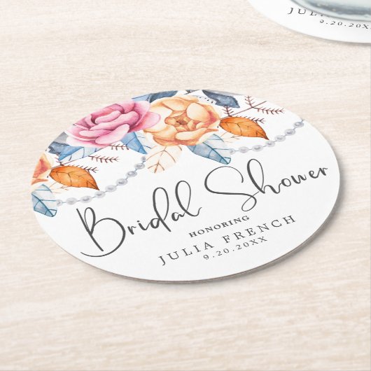 水エレガント色オレンジフローラブライダルシャワー ラウンドペーパーコースター (アングル)