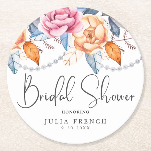 水エレガント色オレンジフローラブライダルシャワー ラウンドペーパーコースター (正面)