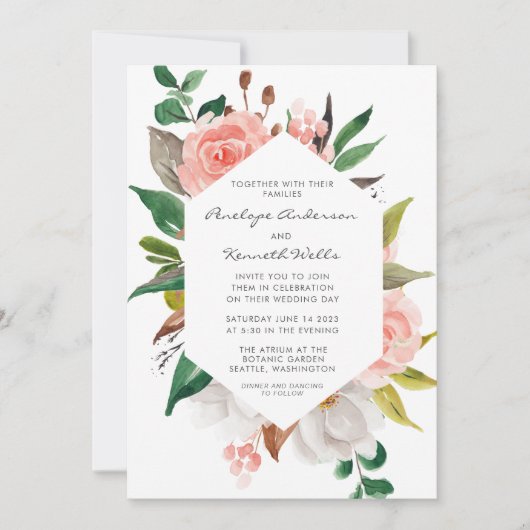 水エレガント色ガーデンフローラ結婚ズ 招待状 (正面)