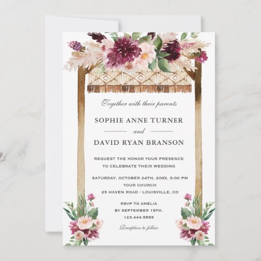 水エレガント色キャノピーバーガンディ結婚花 招待状 (正面)