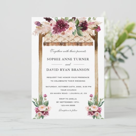 水エレガント色キャノピーバーガンディ結婚花 招待状 (スタンド正面)