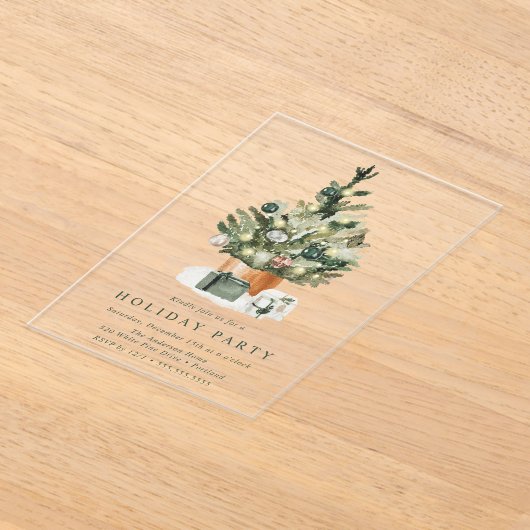 水エレガント色クリスマスツリーホリデーパーティー アクリル招待状 (レイダウン)