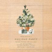 水エレガント色クリスマスツリーホリデーパーティー アクリル招待状 (正面)