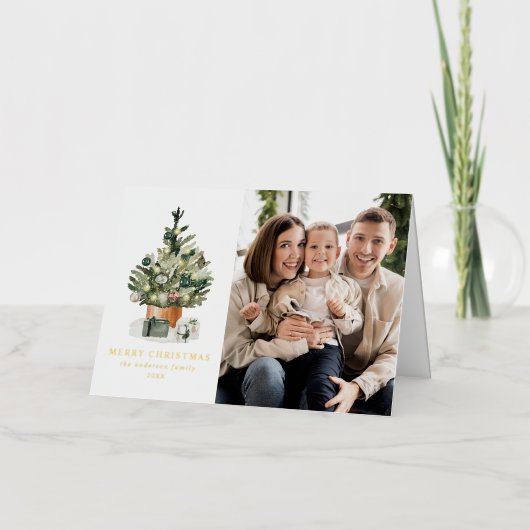 水エレガント色クリスマスツリー写真 箔シーズンカード (正面)