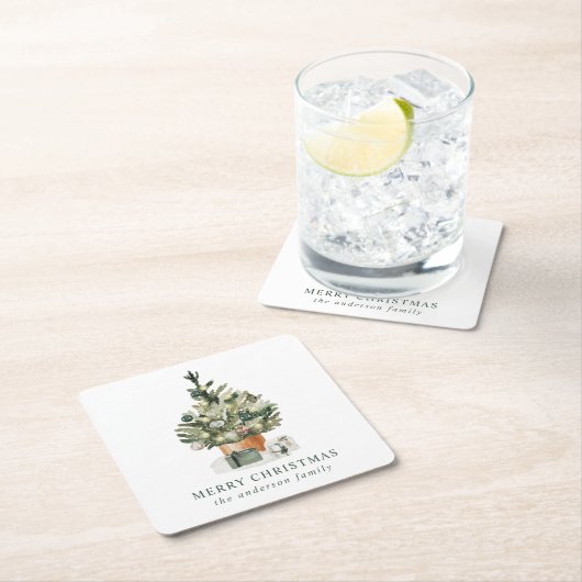 水エレガント色クリスマスツリー スクエアペーパーコースター (インサイチュ)