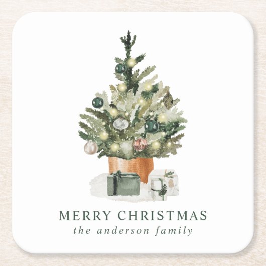 水エレガント色クリスマスツリー スクエアペーパーコースター (正面)