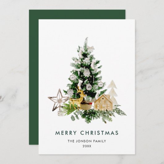 水エレガント色クリスマスパインのグリーティング シーズンカード (正面/裏面)