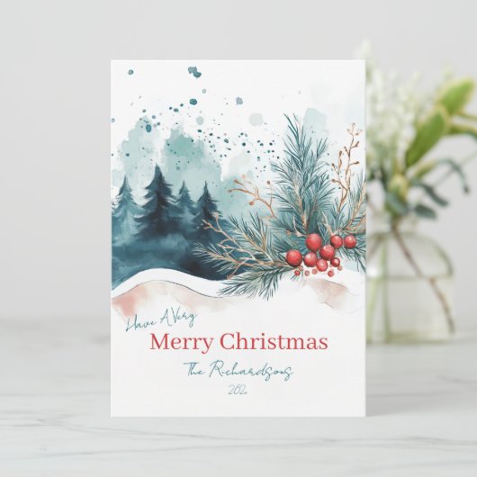 水エレガント色クリスマスフォレストホリデーカード シーズンカード (スタンド正面)