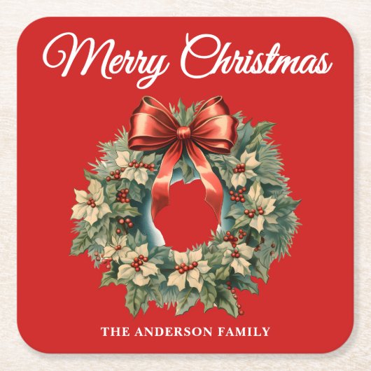 水エレガント色クリスマスリース スクエアペーパーコースター (正面)