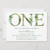 水エレガント色グリーナリーファースト誕生日 招待状 (正面)