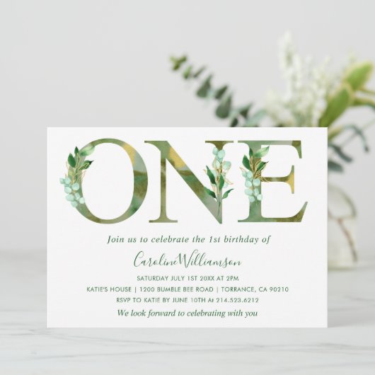 水エレガント色グリーナリーファースト誕生日 招待状 (スタンド正面)