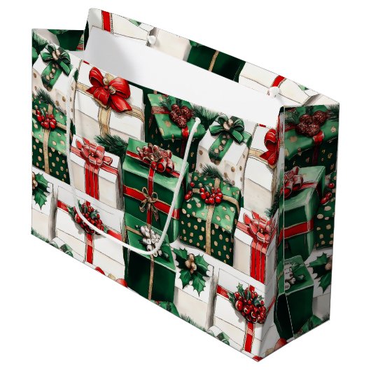 水エレガント色グリーンホワイトクリスマスプレゼント ラージペーパーバッグ (正面アングル)