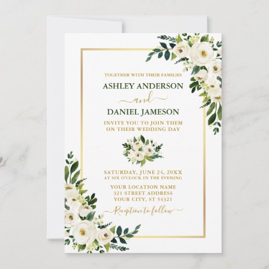 水エレガント色グリーンホワイトフローラ金ゴールド結婚ズ 招待状 (正面)
