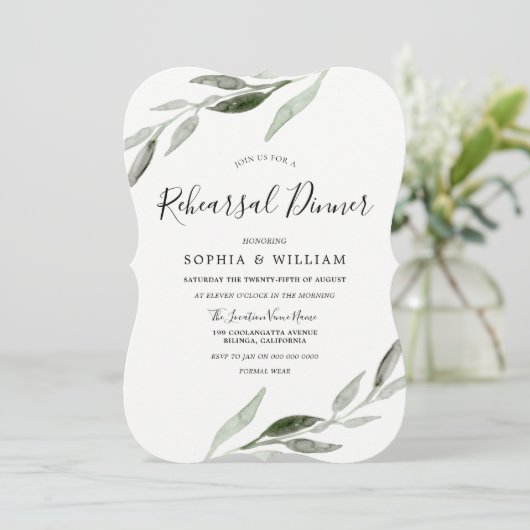 水エレガント色グリーンリーフリハーサルディナー 招待状 (スタンド正面)
