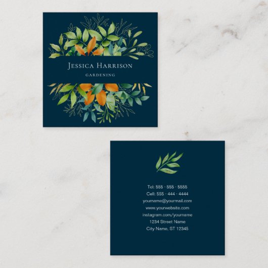 水エレガント色グリーンリーボタニカルラグジュアリーブルー スクエア名刺 (正面/裏面)