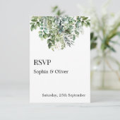 水エレガント色グリーン葉ウェディングRSVPカード 出欠カード (スタンド正面)