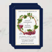 水エレガント色グレープつる植物リースブルー結婚ズ 招待状 (正面/裏面)