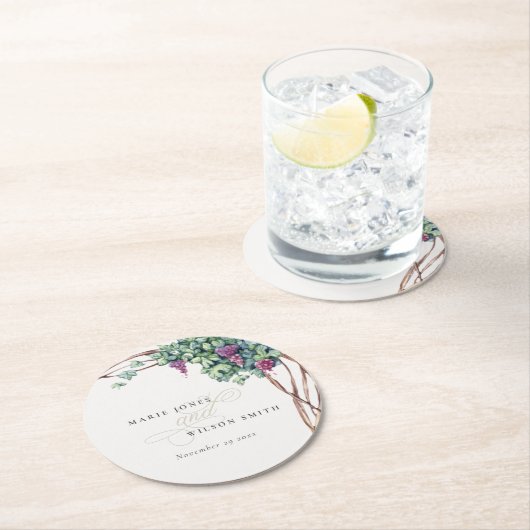 水エレガント色グレープネ結婚葉 ラウンドペーパーコースター (インサイチュ)