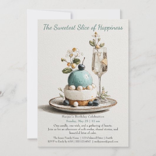 水エレガント色ケーキ誕生日招待状 招待状 (正面)