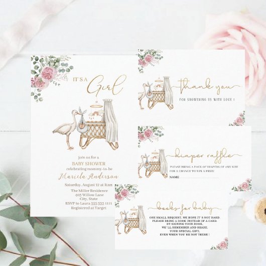 水エレガント色コウノトリ赤ちゃん女の子ベビシャワー 招待状