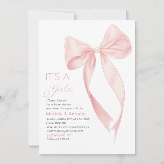 水エレガント色コケットピンクボウガールベビーSh 招待状 (正面)