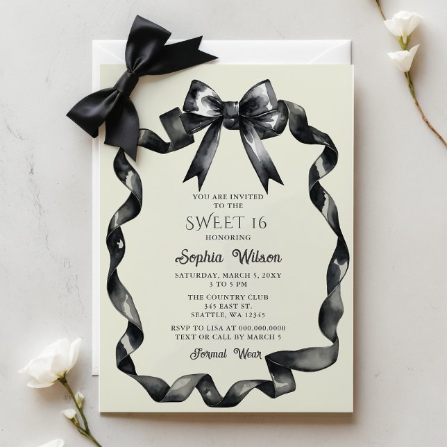 水エレガント色コケットブラックボウ甘い16 (Budget Elegant Watercolor Coquette Black Bow Sweet 16 Invitation)