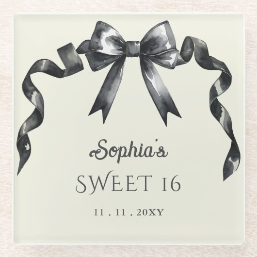 水エレガント色コケットブラックボウ甘い16 ガラスコースター (正面)