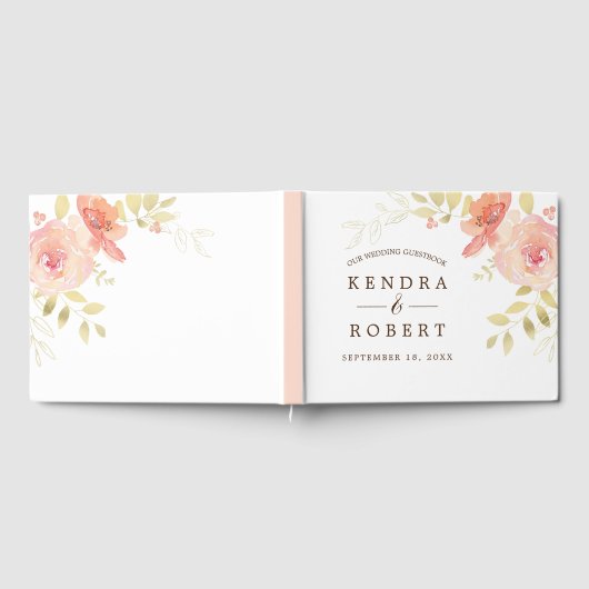 水エレガント色コーラルピンクローズ&金ゴールドズ結婚 ゲストブック (全面)