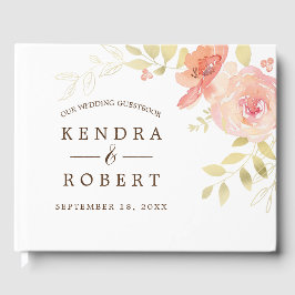 水エレガント色コーラルピンクローズ&金ゴールドズ結婚 ゲストブック