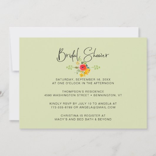水エレガント色サマー花模様ブライダルシャワー 招待状 (裏面)