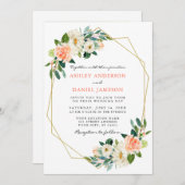 水エレガント色サンゴフローラ金ゴールドフレーム写真 招待状 (正面/裏面)