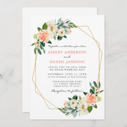 水エレガント色サンゴフローラ金ゴールドフレーム写真 招待状 (正面/裏面)