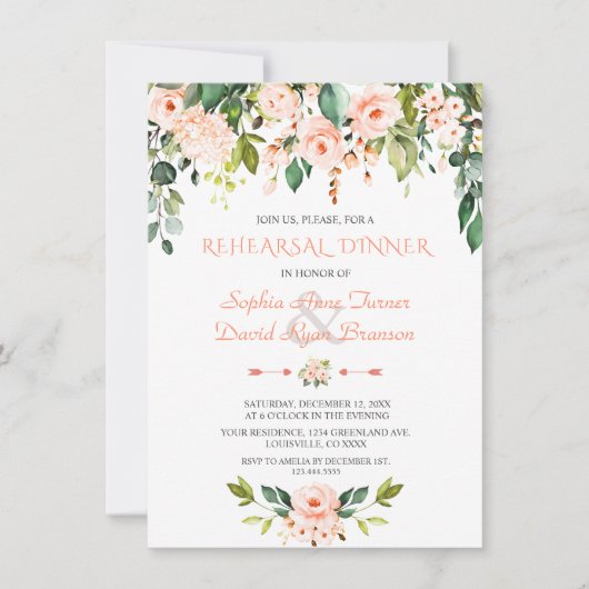 水エレガント色サンゴ花リハーサルディナー 招待状 (正面)