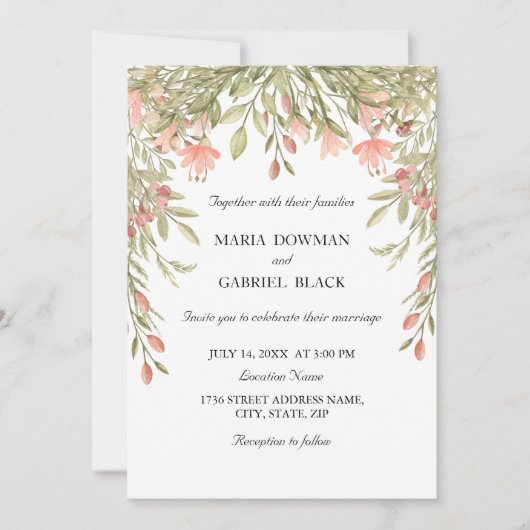 水エレガント色シックなフローラグ結婚レネリー 招待状 (正面)