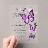 水エレガント色シルバーパープルバタフライ結婚ズ アクリル招待状 (インサイチュ (ポータブル))