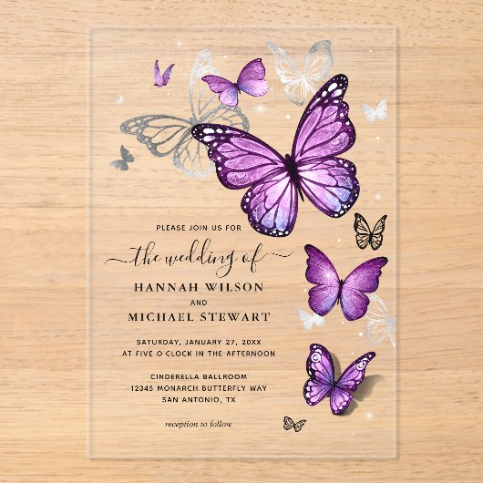 水エレガント色シルバーパープルバタフライ結婚ズ アクリル招待状 (正面)