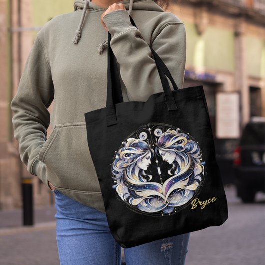 水エレガント色ジェミニ〔占星術の〕十二宮図ブラック トートバッグ