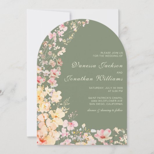 水エレガント色セージ緑の野花結婚の 招待状 (正面)